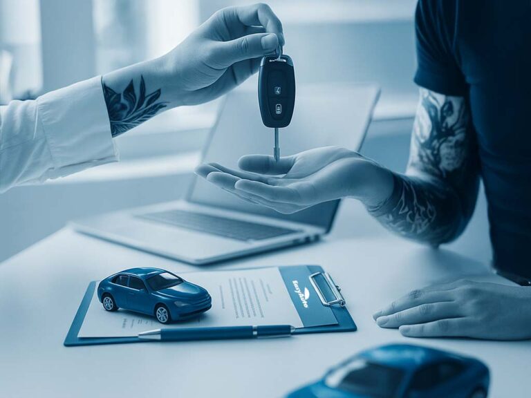 A dealer with a tattooed arm hands over the keys to a tattooed customer with a signed contract under their hands.