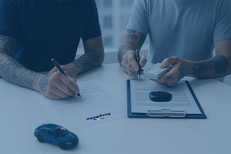 A buyer and a seller sign paperwork with a car key and model car shown.